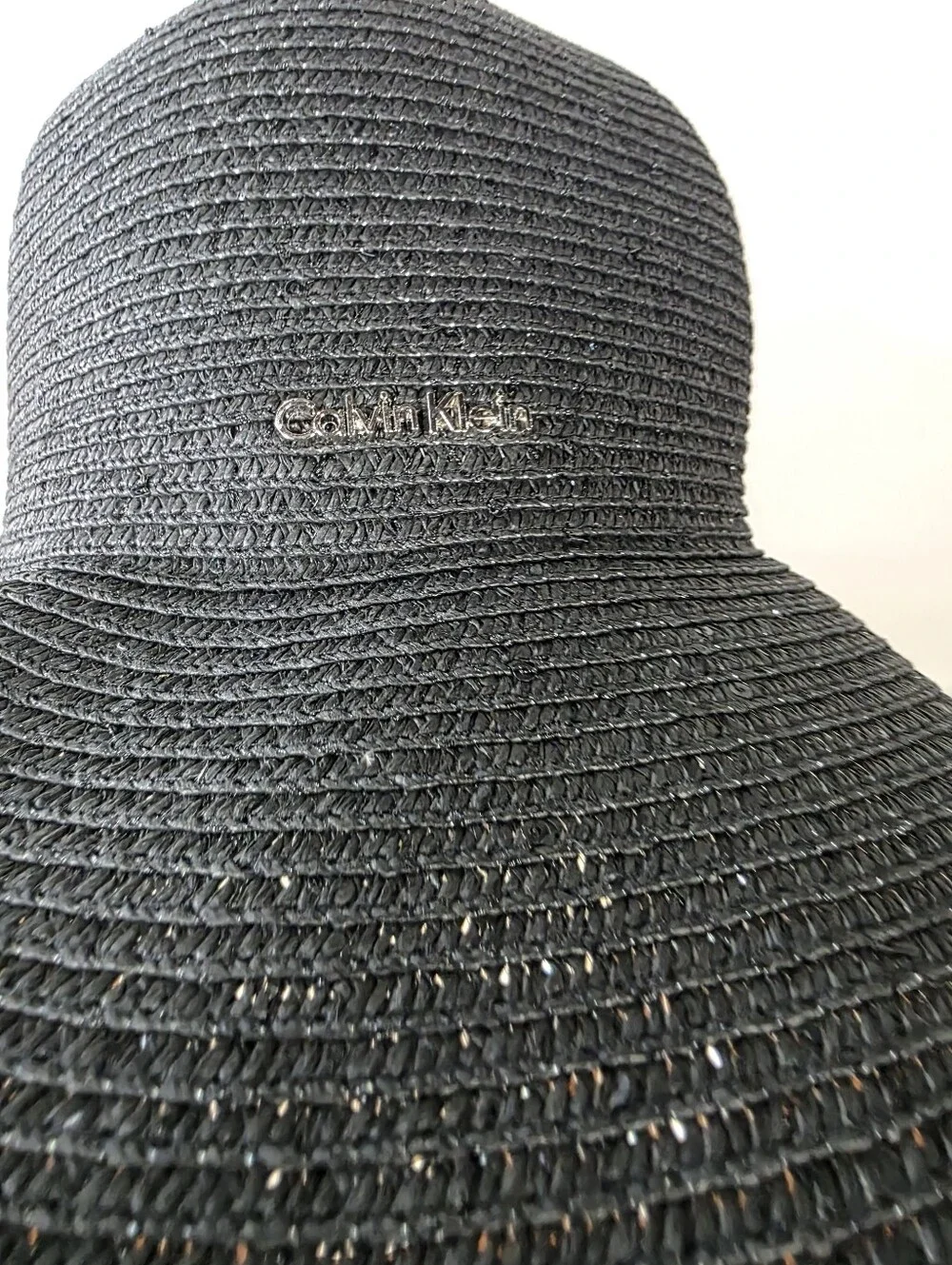 Calvin Klein Black Sparkle Straw Floppy Sun Hat Wide Brim Beach